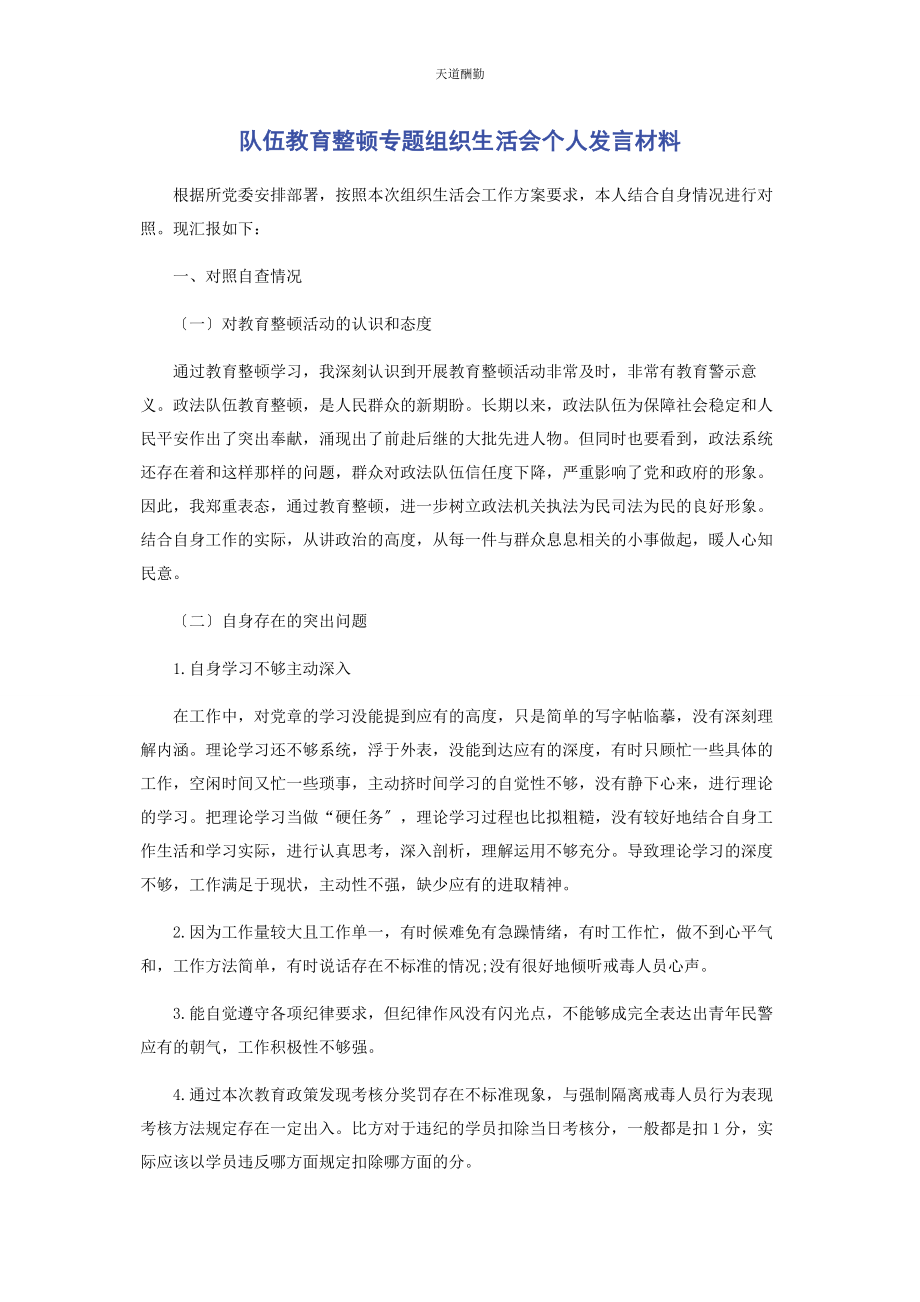 2023年队伍教育整顿专题组织生活会个人发言材料范文.docx_第1页