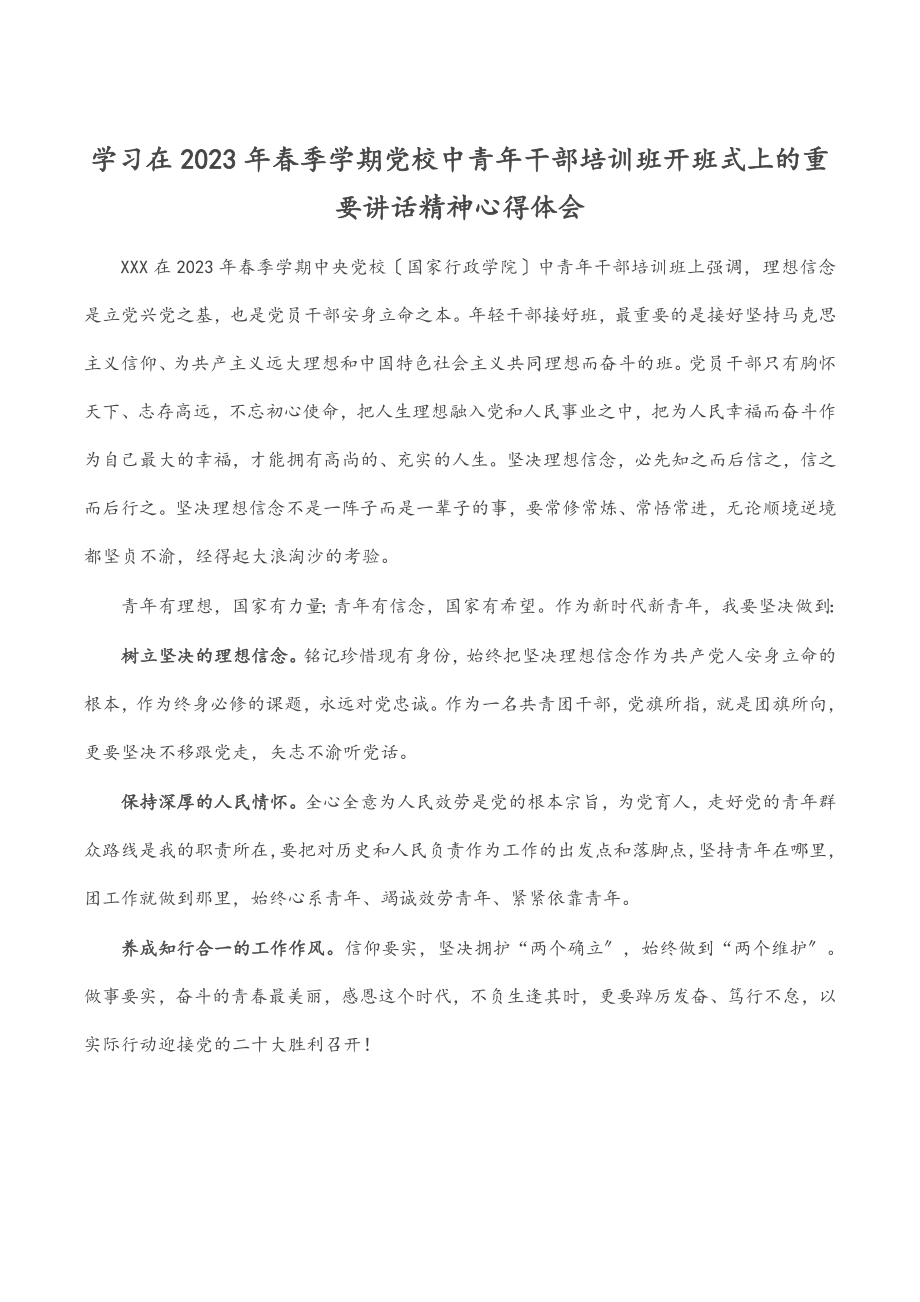 学习在2023年春季学期党校中青年干部培训班开班式上的重要讲话精神心得体会.docx_第1页