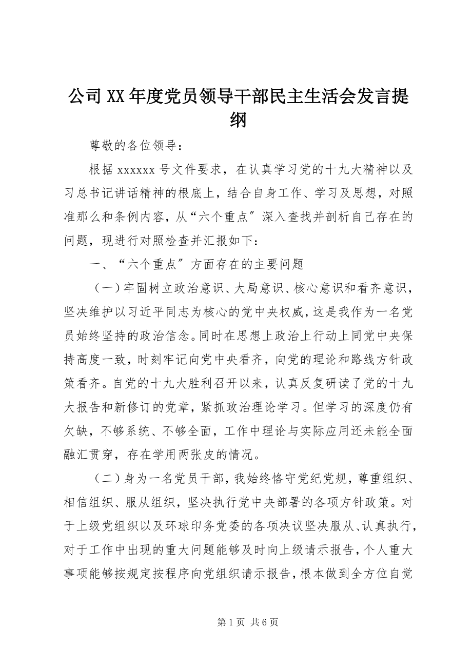 2023年公司某年度党员领导干部民主生活会讲话提纲.docx_第1页