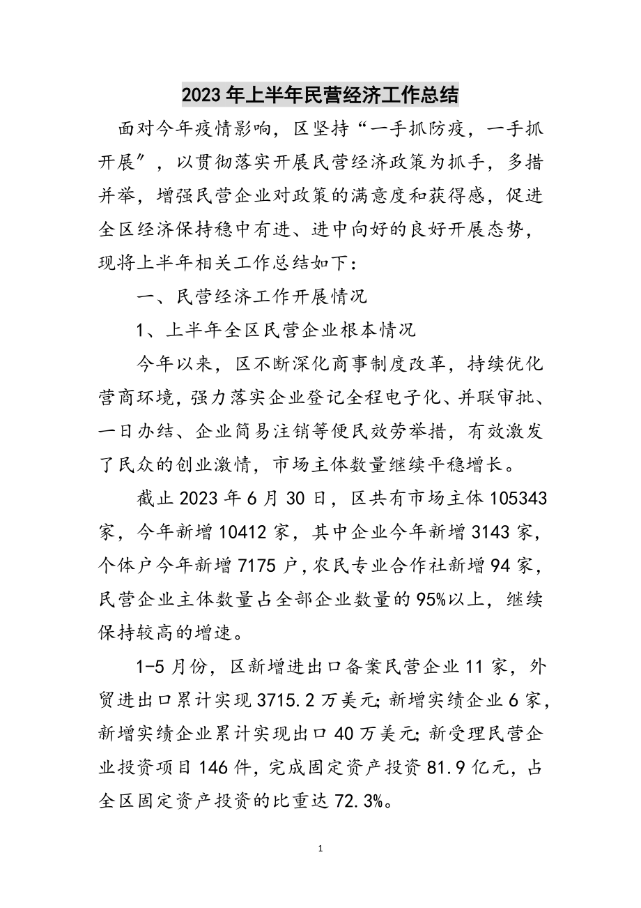 2023年年上半年民营经济工作总结范文.doc_第1页