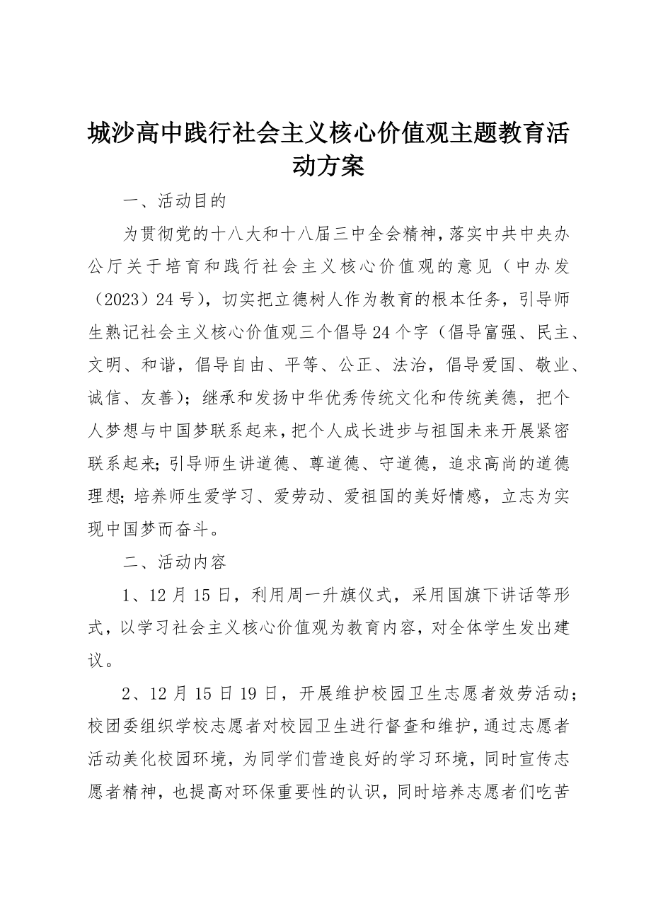 2023年城沙高中践行社会主义核心价值观主题教育活动方案.docx_第1页