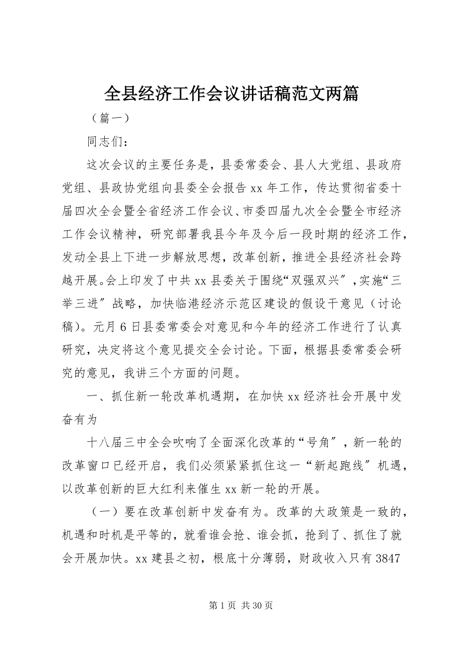 2023年全县经济工作会议致辞稿两篇.docx_第1页