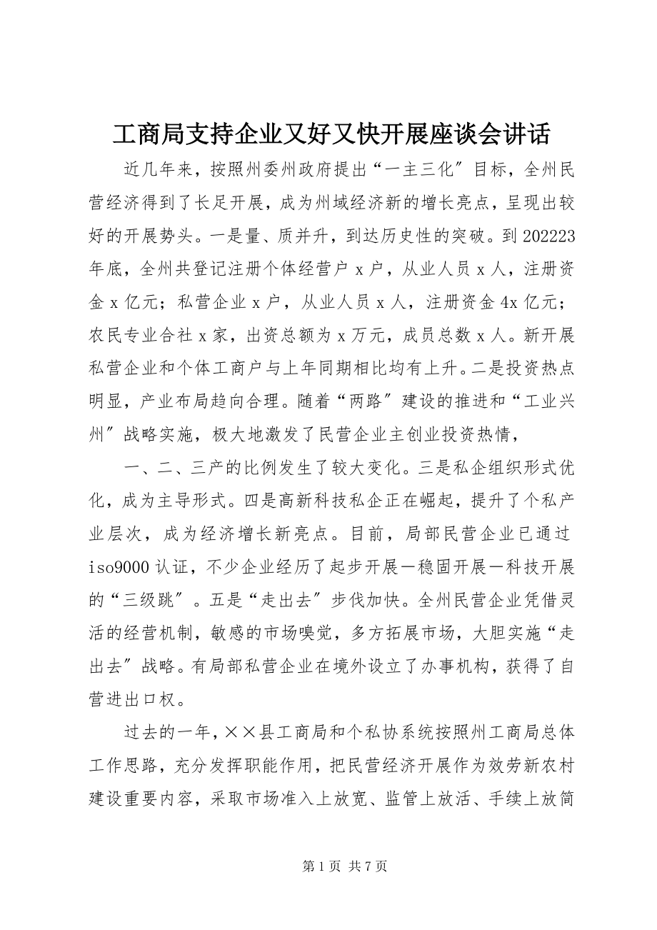 2023年工商局支持企业又好又快发展座谈会致辞.docx_第1页