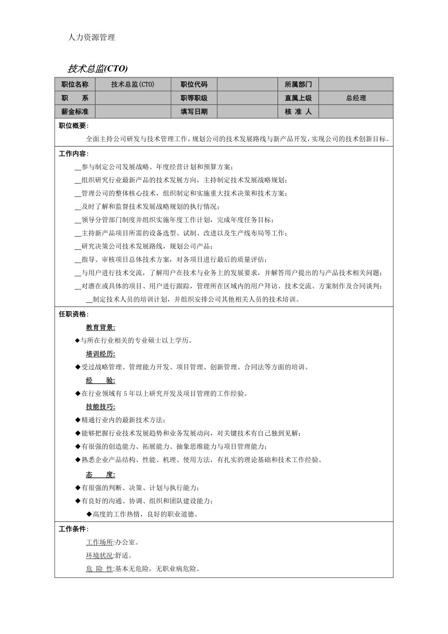 人力资源管理 企业管理 岗位说明 技术总监.docx_第1页