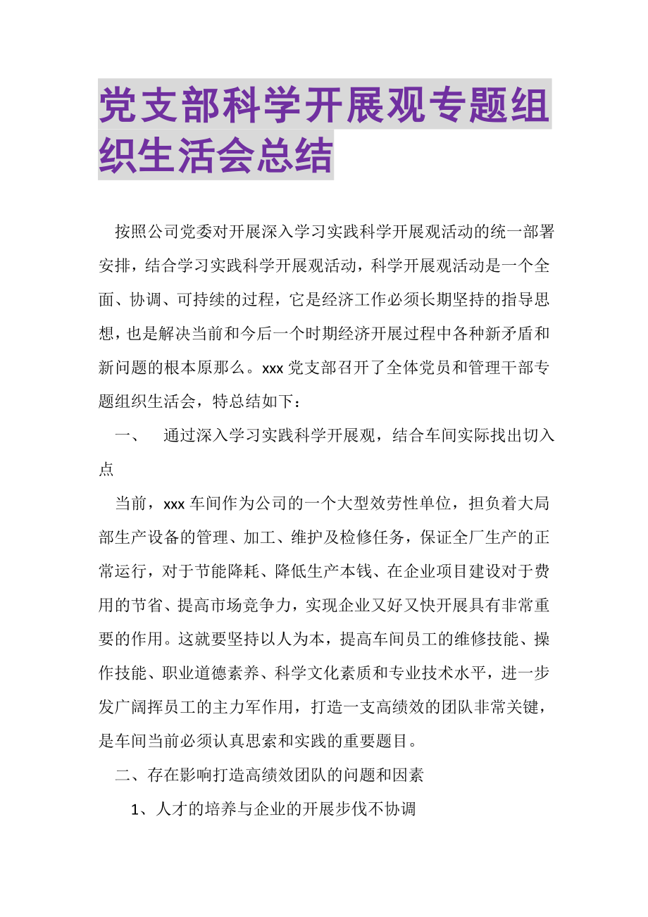 2023年党支部科学发展观专题组织生活会总结.doc_第1页