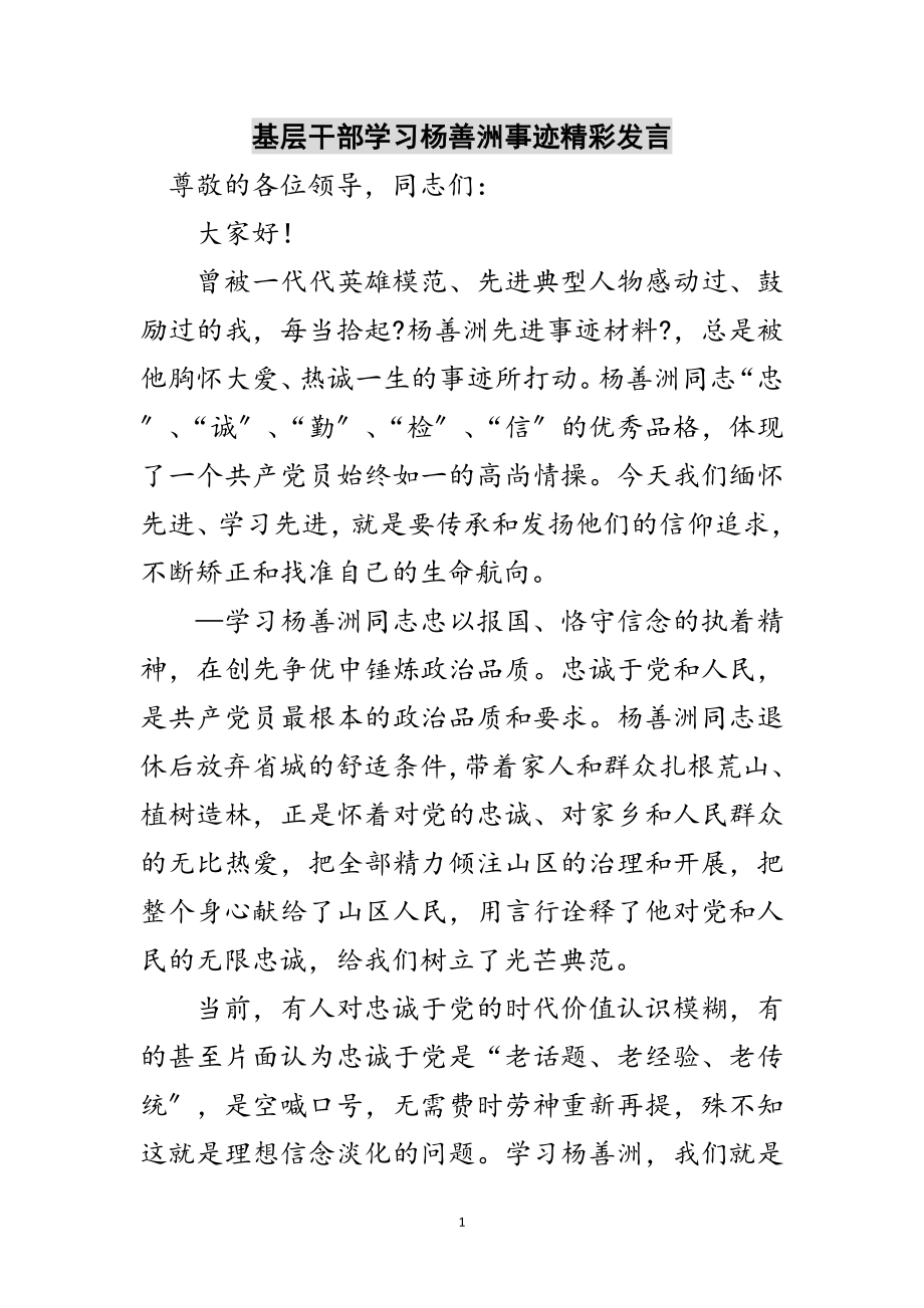 2023年基层干部学习杨善洲事迹精彩发言范文.doc_第1页