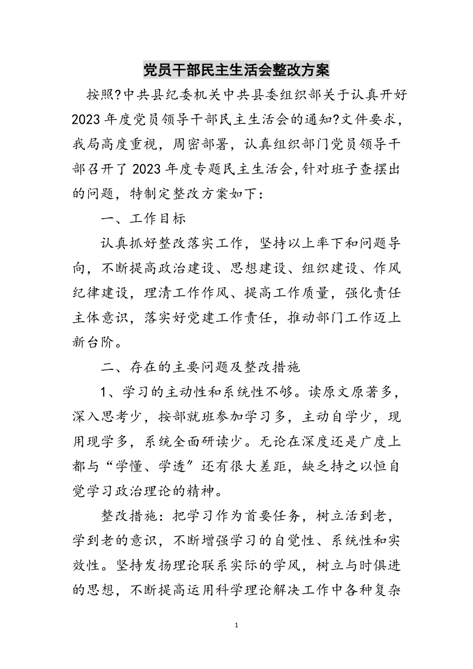 2023年党员干部民主生活会整改方案范文.doc_第1页