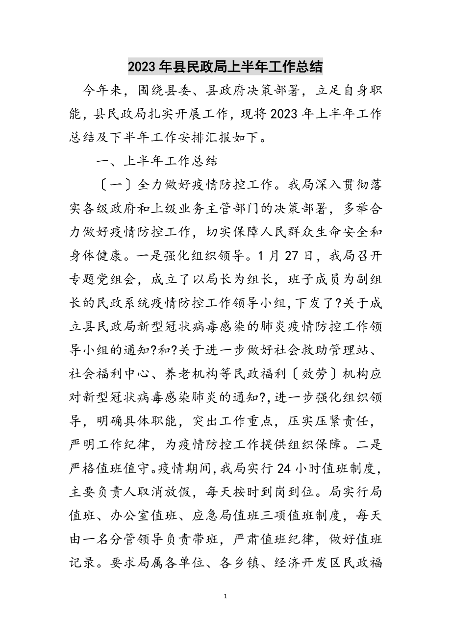 2023年年县民政局上半年工作总结范文.doc_第1页