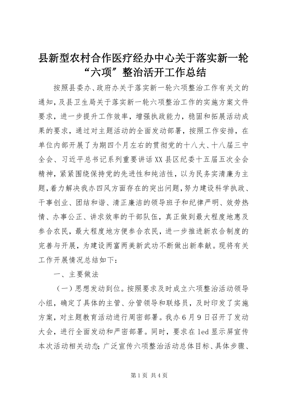 2023年县新型农村合作医疗经办中心关于落实新一轮“六项”整治活动工作总结.docx_第1页