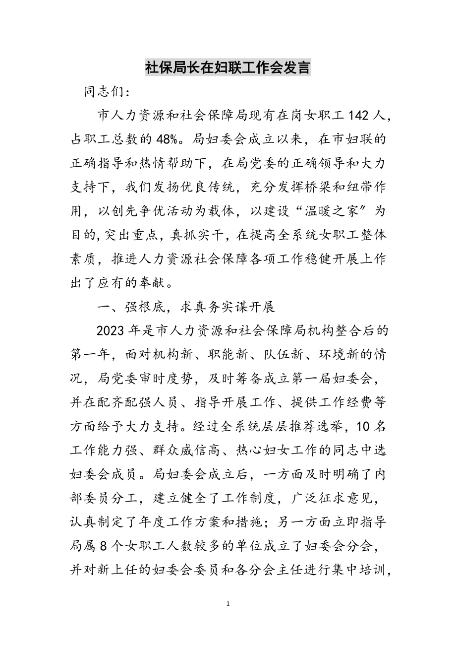 2023年社保局长在妇联工作会发言范文.doc_第1页