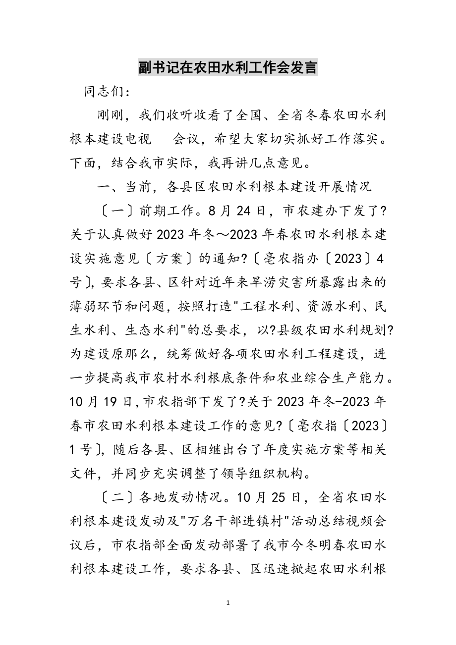 2023年副书记在农田水利工作会发言范文.doc_第1页