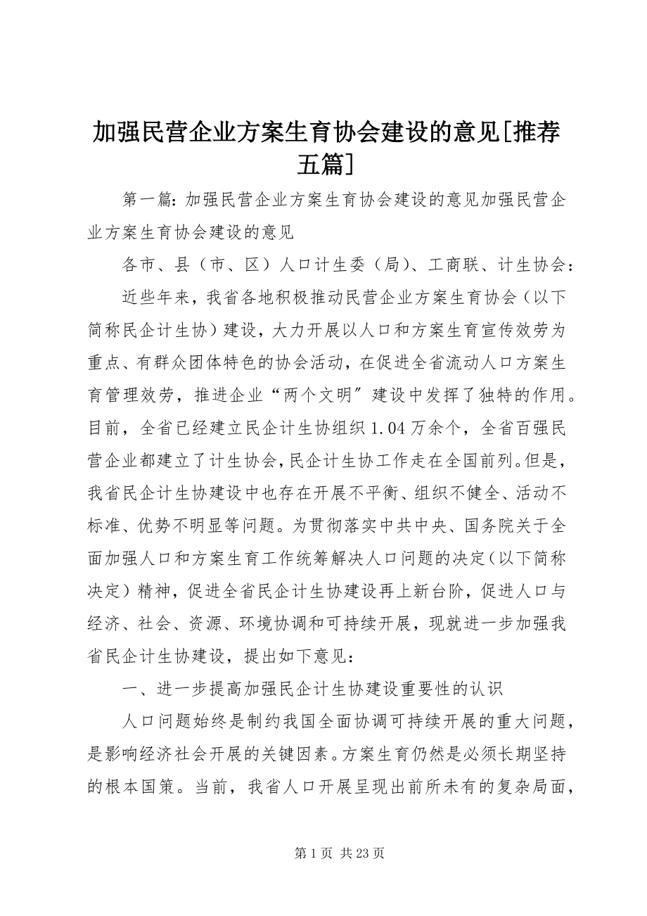 2023年加强民营企业计划生育协会建设的意见[推荐五篇.docx_第1页