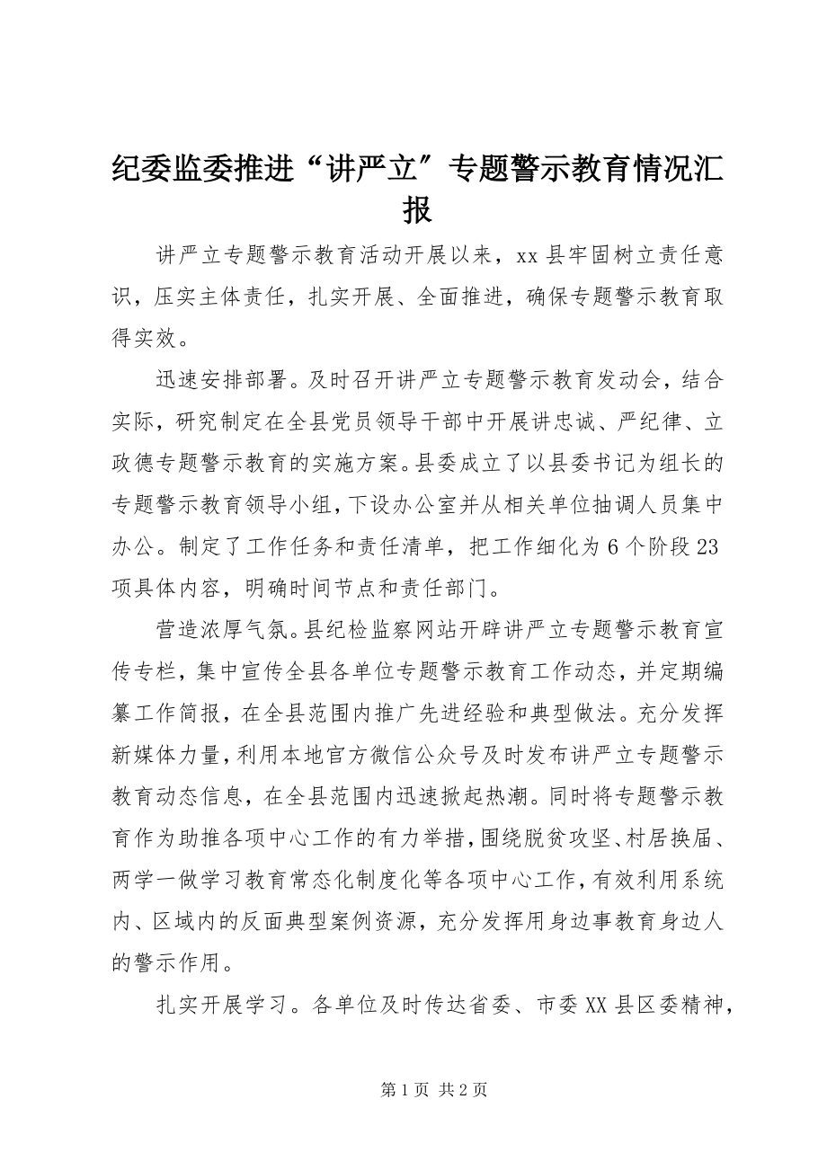 2023年纪委监委推进“讲严立”专题警示教育情况汇报.docx_第1页