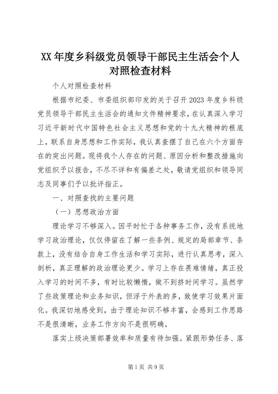 2023年乡科级党员领导干部民主生活会个人对照检查材料.docx_第1页