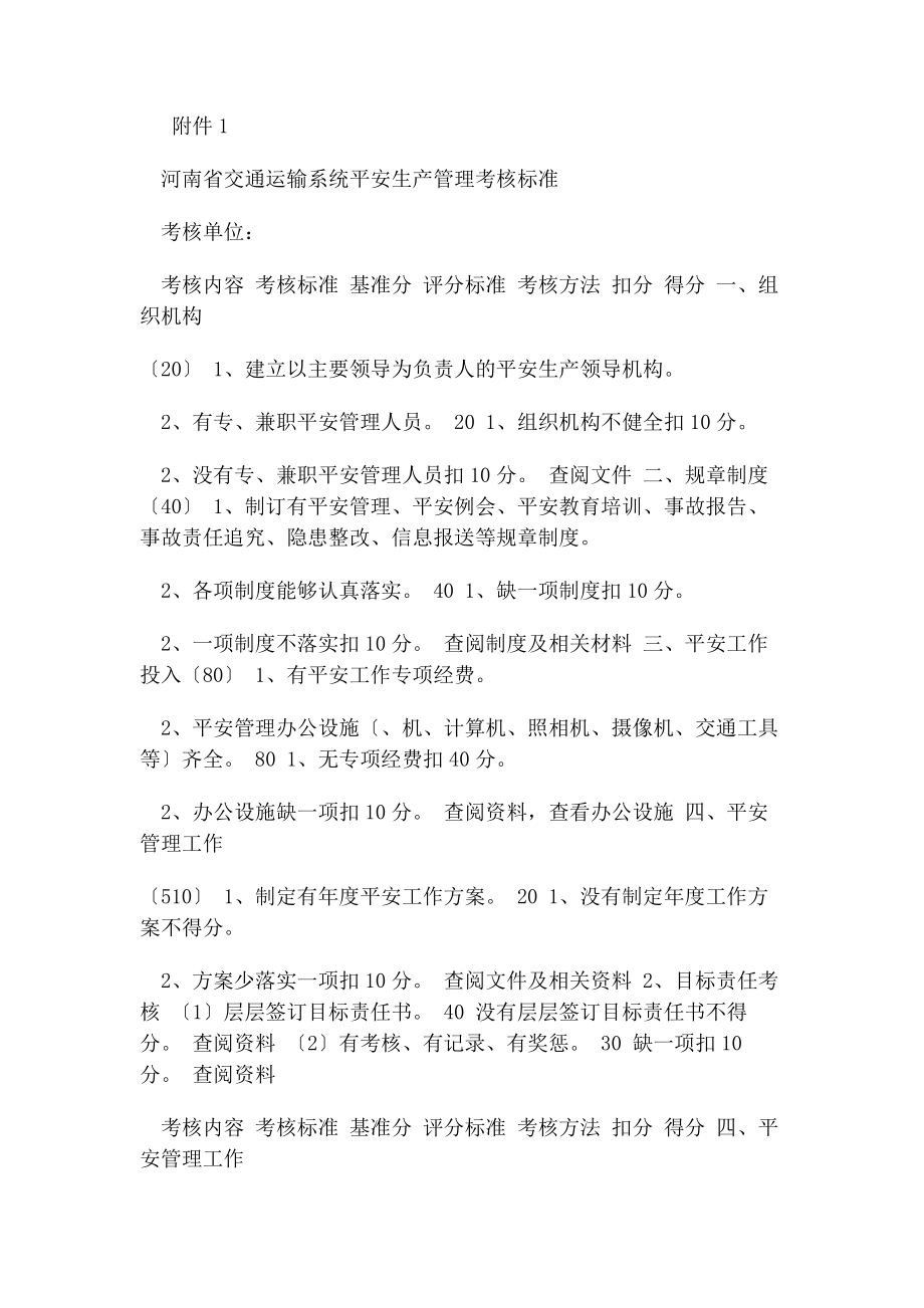 2023年河南省交通运输统安全生产管理考核标准.docx_第1页