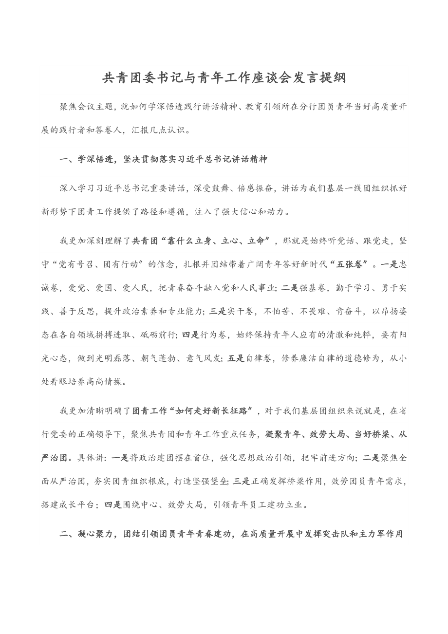 2023年共青团委书记与青年工作座谈会发言提纲.docx_第1页