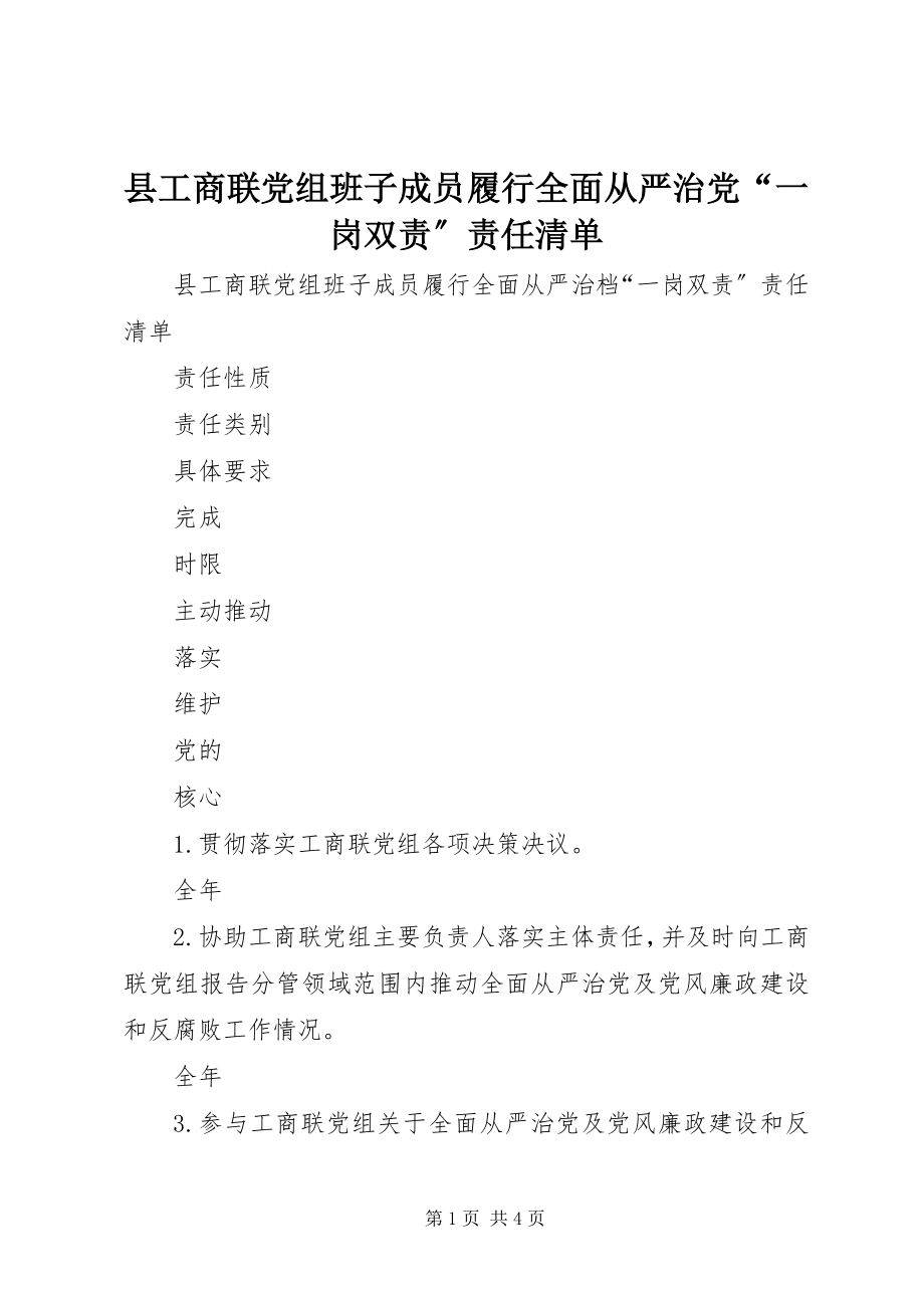 2023年县工商联党组班子成员履行全面从严治党“一岗双责”责任清单.docx_第1页