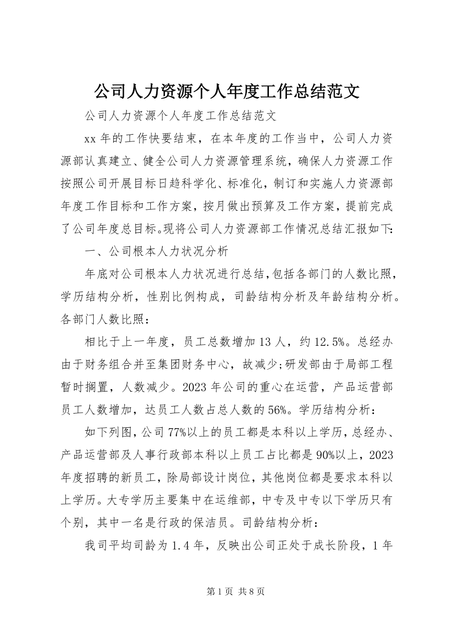 2023年公司人力资源个人年度工作总结.docx_第1页