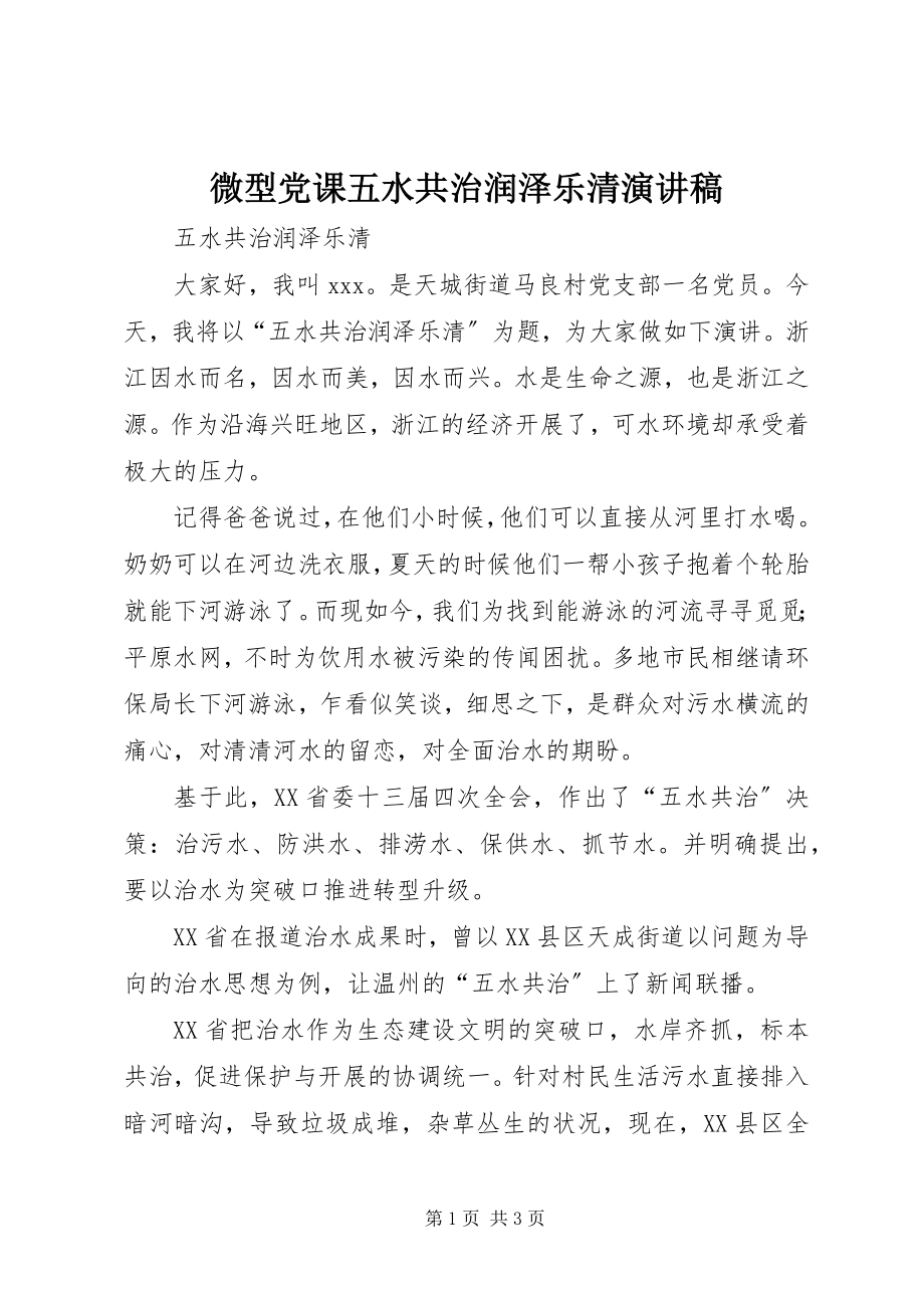 2023年微型党课五水共治润泽乐清演讲稿.docx_第1页