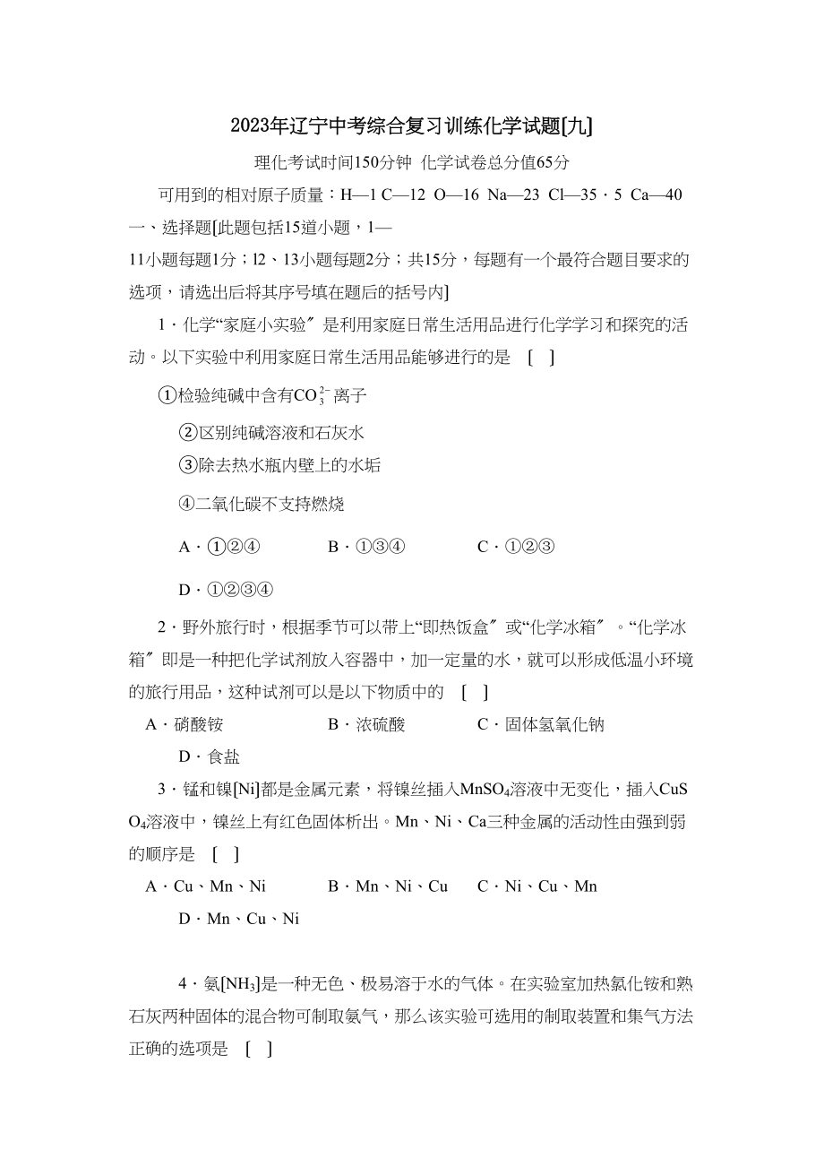 2023年辽宁中考综合复习训练（九）初中化学.docx_第1页