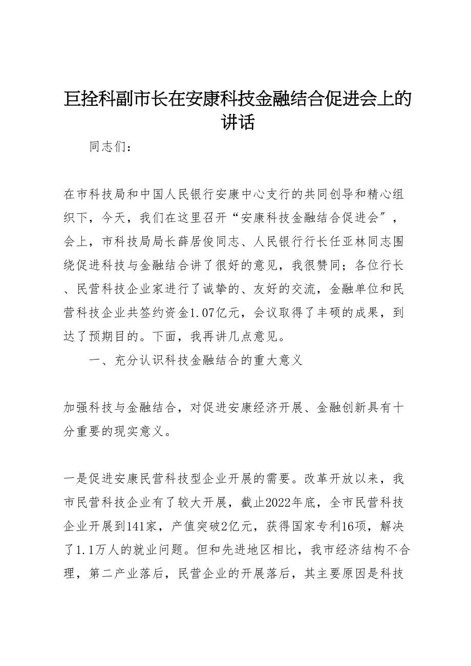 2023年巨拴科副市长在安康科技金融结合促进会上的致辞.doc_第1页