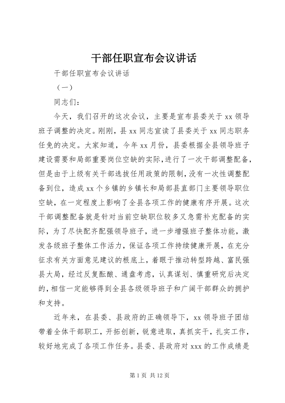 2023年干部任职宣布会议致辞.docx_第1页