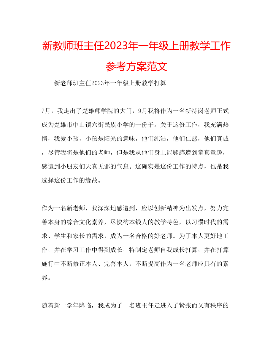 2023年新教师班主任一级上册教学工作计划范文.docx_第1页