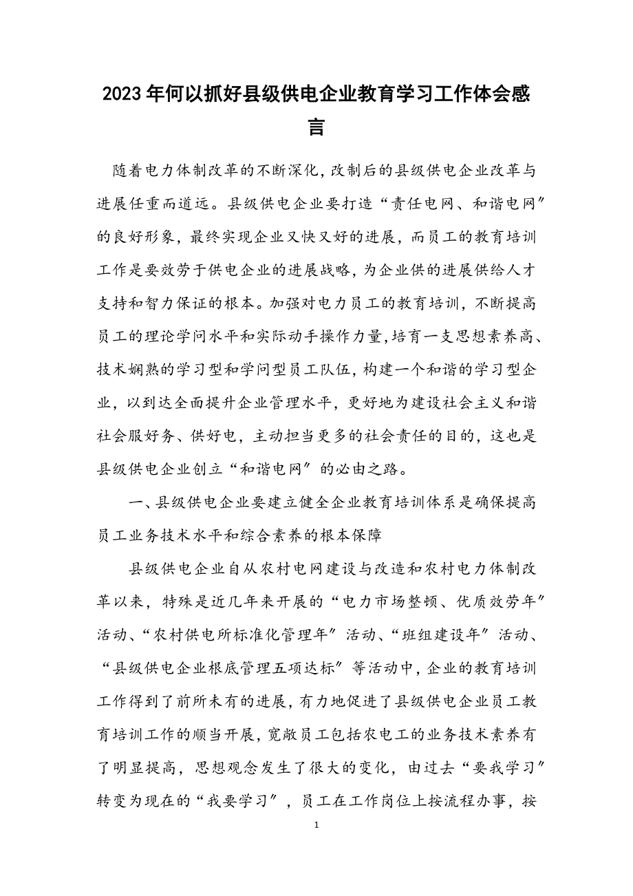 2023年何以抓好县级供电企业教育学习工作体会感言.docx_第1页