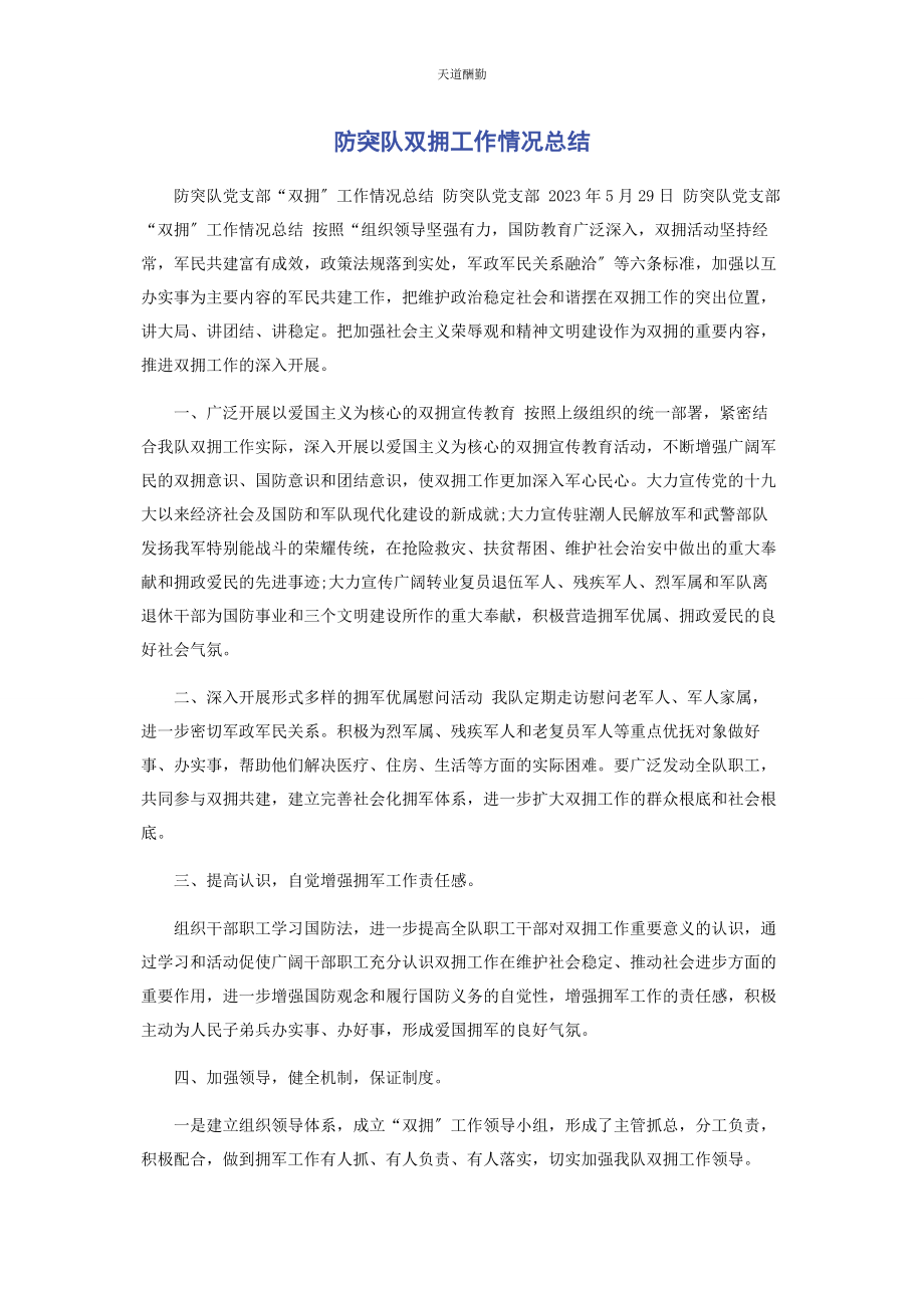 2023年防突队双拥工作情况总结范文.docx_第1页