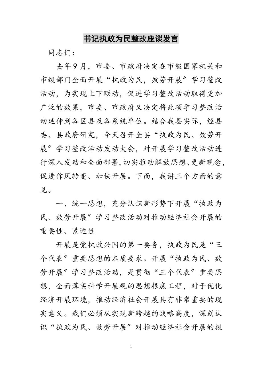 2023年书记执政为民整改座谈发言范文.doc_第1页