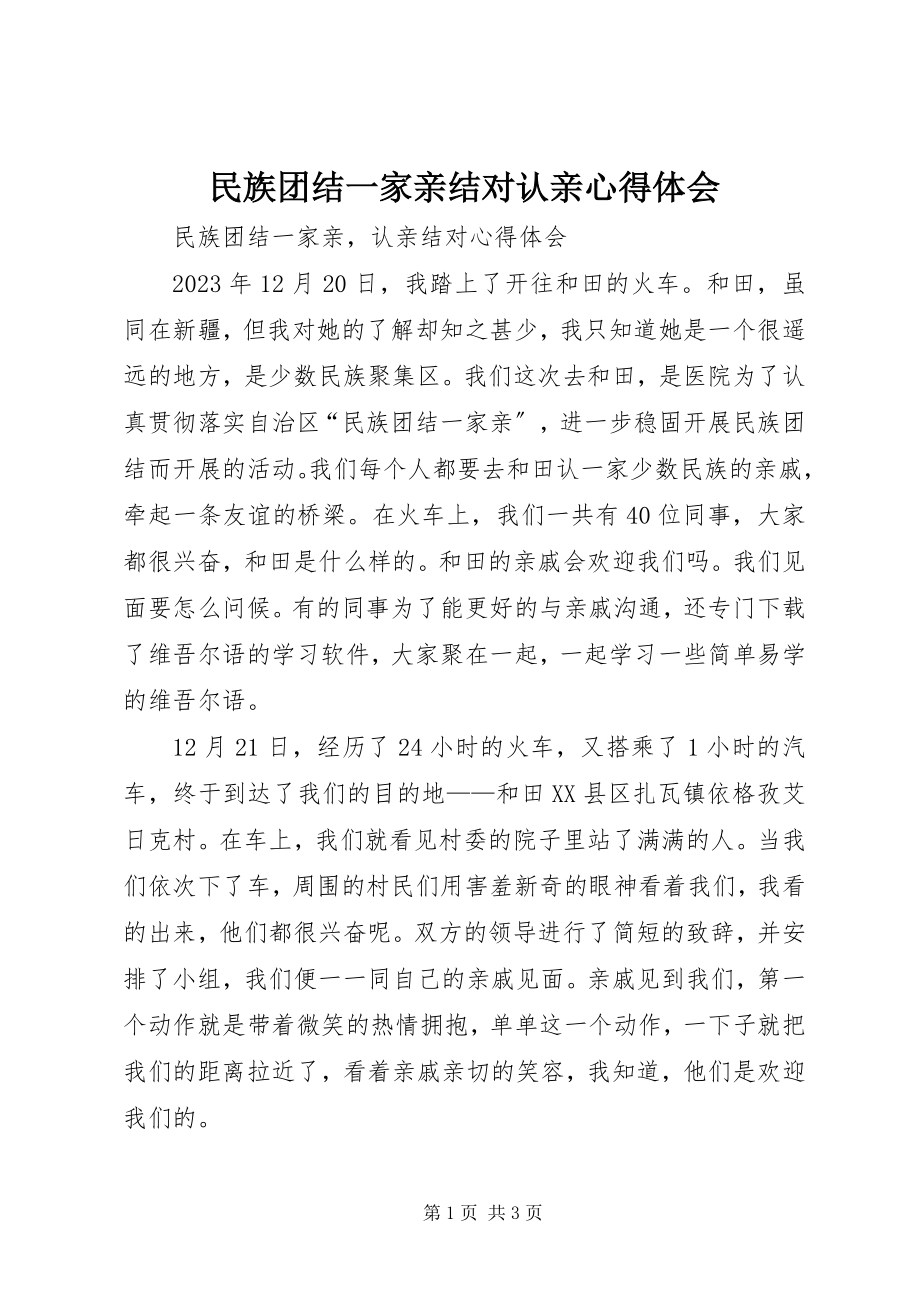 2023年民族团结一家亲结对认亲心得体会.docx_第1页