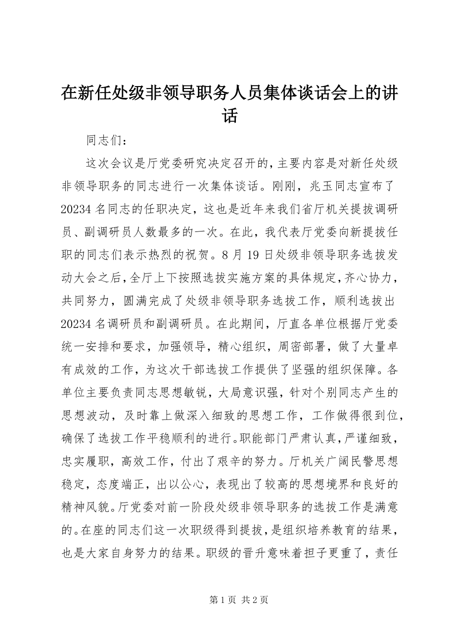 2023年在新任处级非领导职务人员集体谈话会上的致辞.docx_第1页