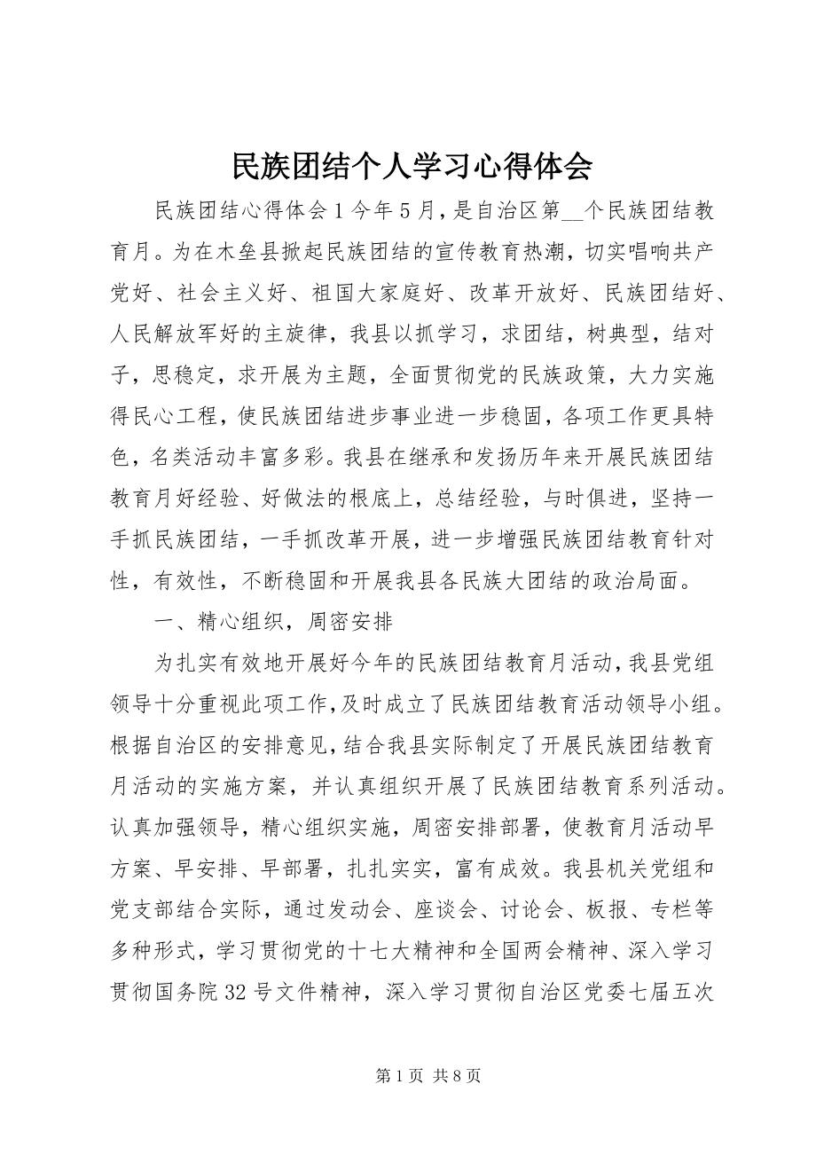 2023年民族团结个人学习心得体会.docx_第1页