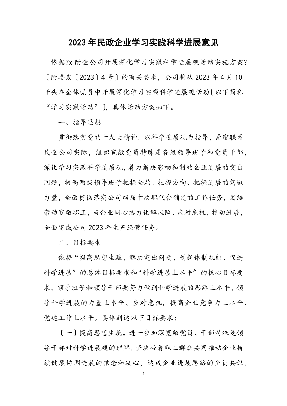 2023年民政企业学习实践科学发展意见.docx_第1页