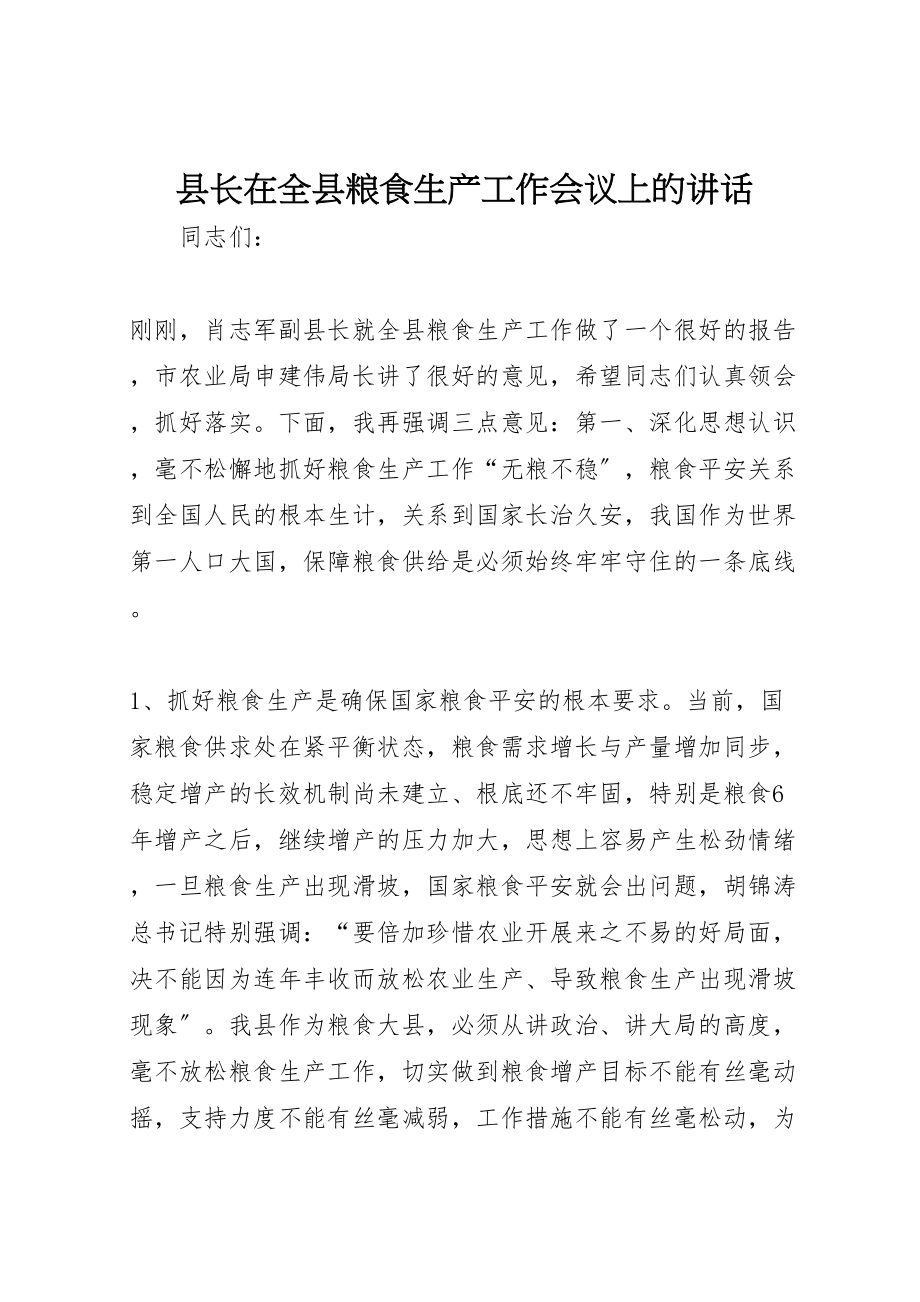 2023年县长在全县粮食生产工作会议上的致辞.doc_第1页