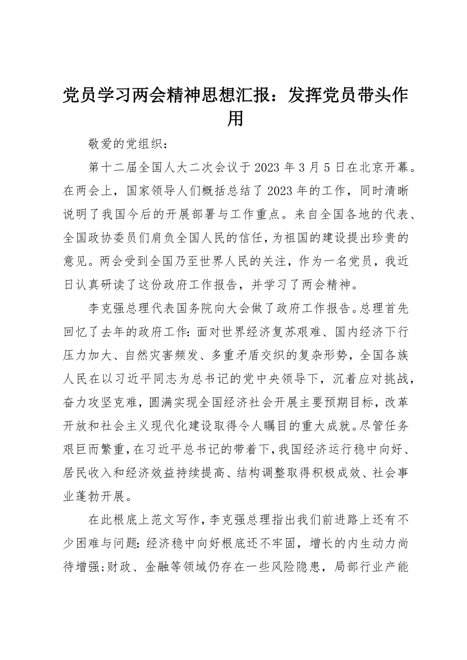 2023年党员学习两会精神思想汇报发挥党员带头作用.docx_第1页