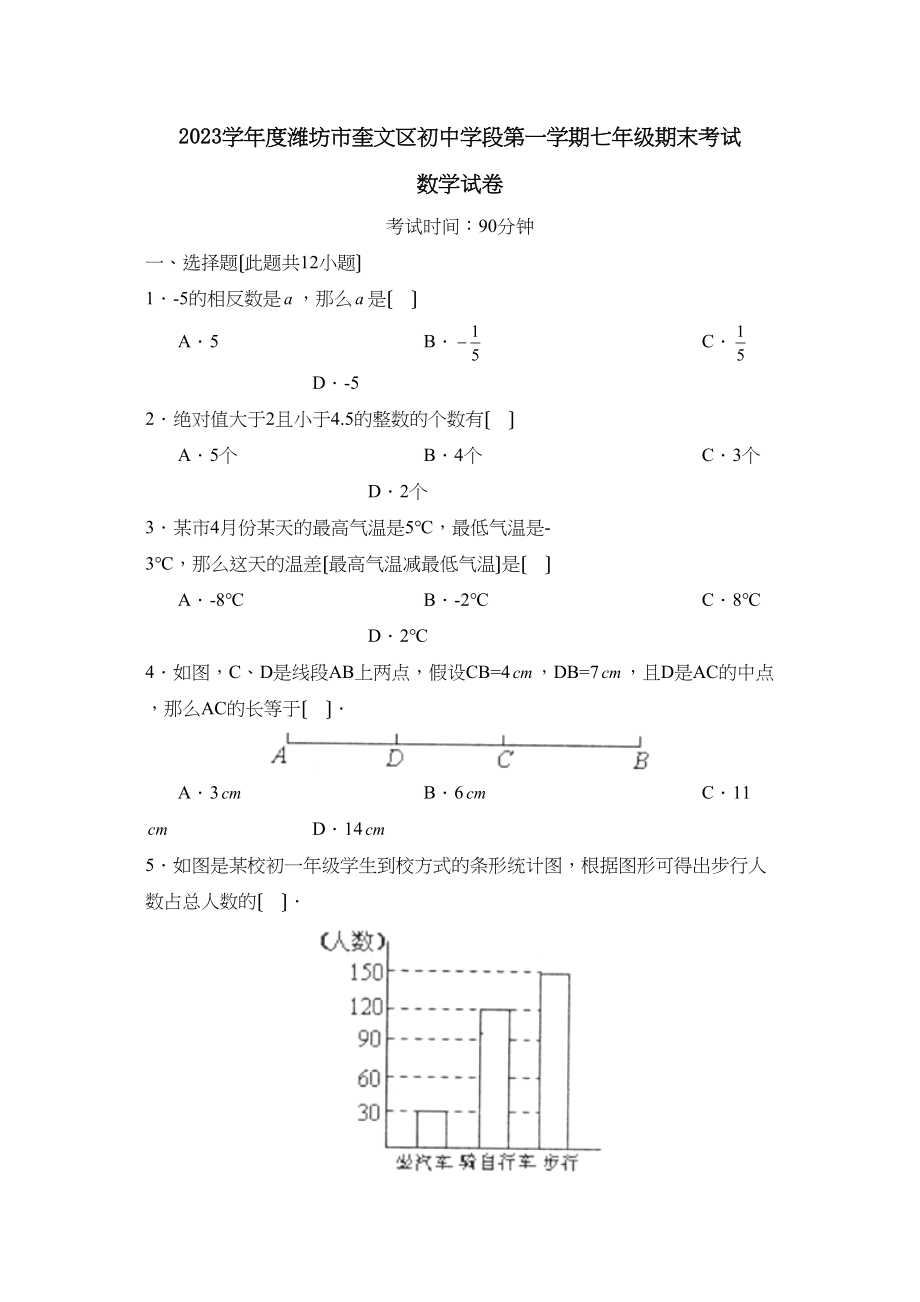 2023年度潍坊市奎文区初段第一学期七年级期末考试初中数学.docx_第1页