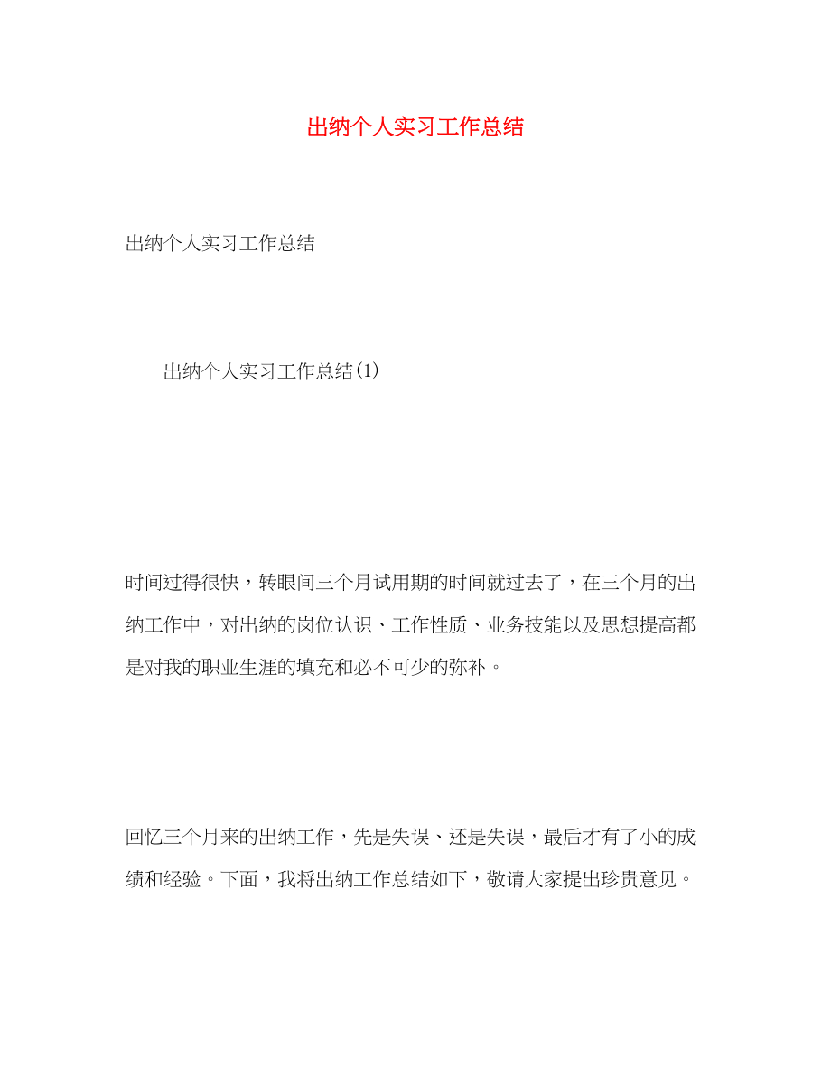 2023年出纳个人实习工作总结.docx_第1页