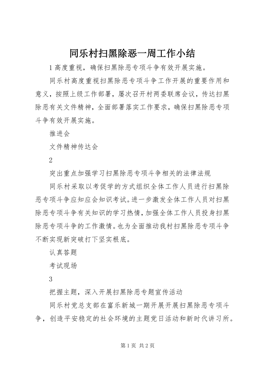 2023年同乐村扫黑除恶一周工作小结.docx_第1页