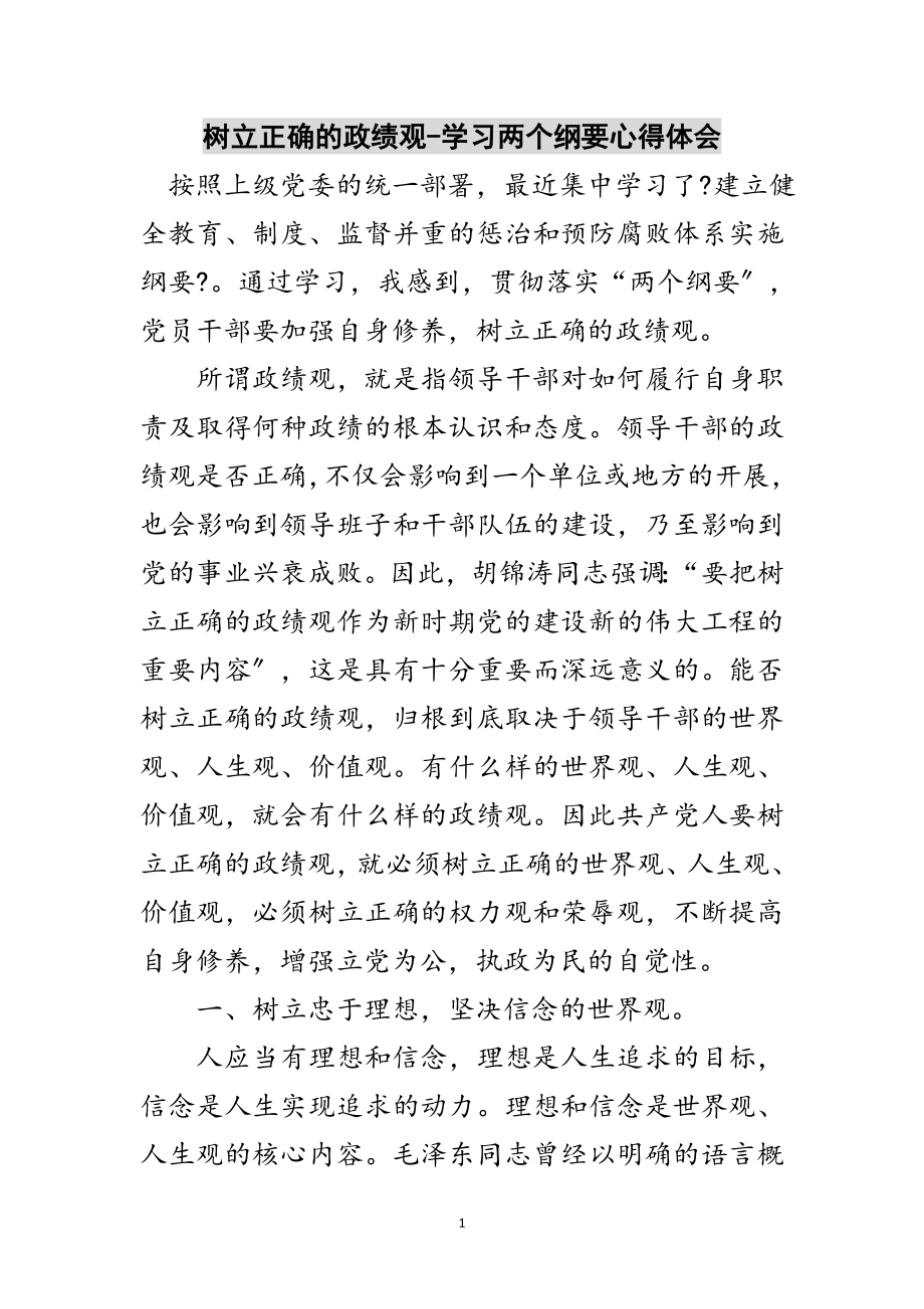 2023年树立正确的政绩观-学习两个纲要心得体会范文.doc_第1页