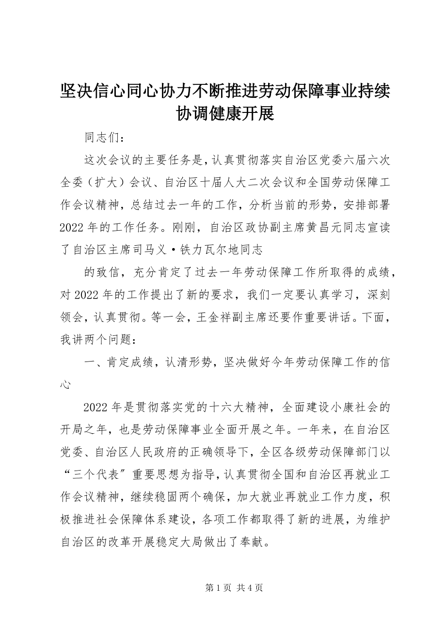 2023年坚定信心同心协力不断推进劳动保障事业持续协调健康发展.docx_第1页