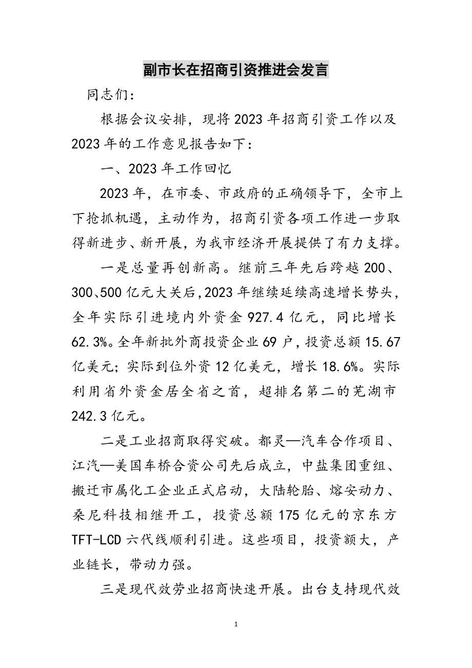 2023年副市长在招商引资推进会发言范文.doc_第1页