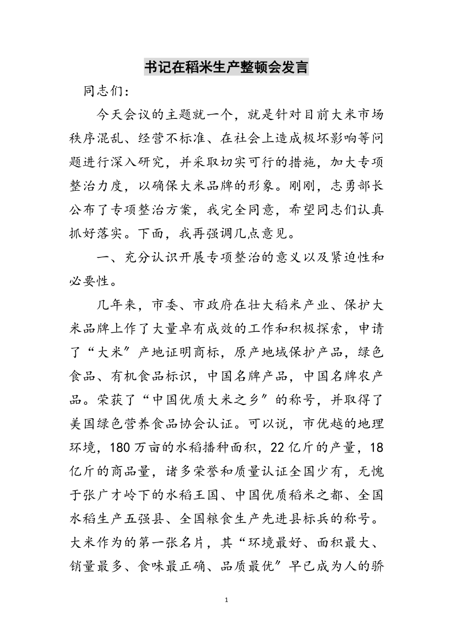 2023年书记在稻米生产整顿会发言范文.doc_第1页