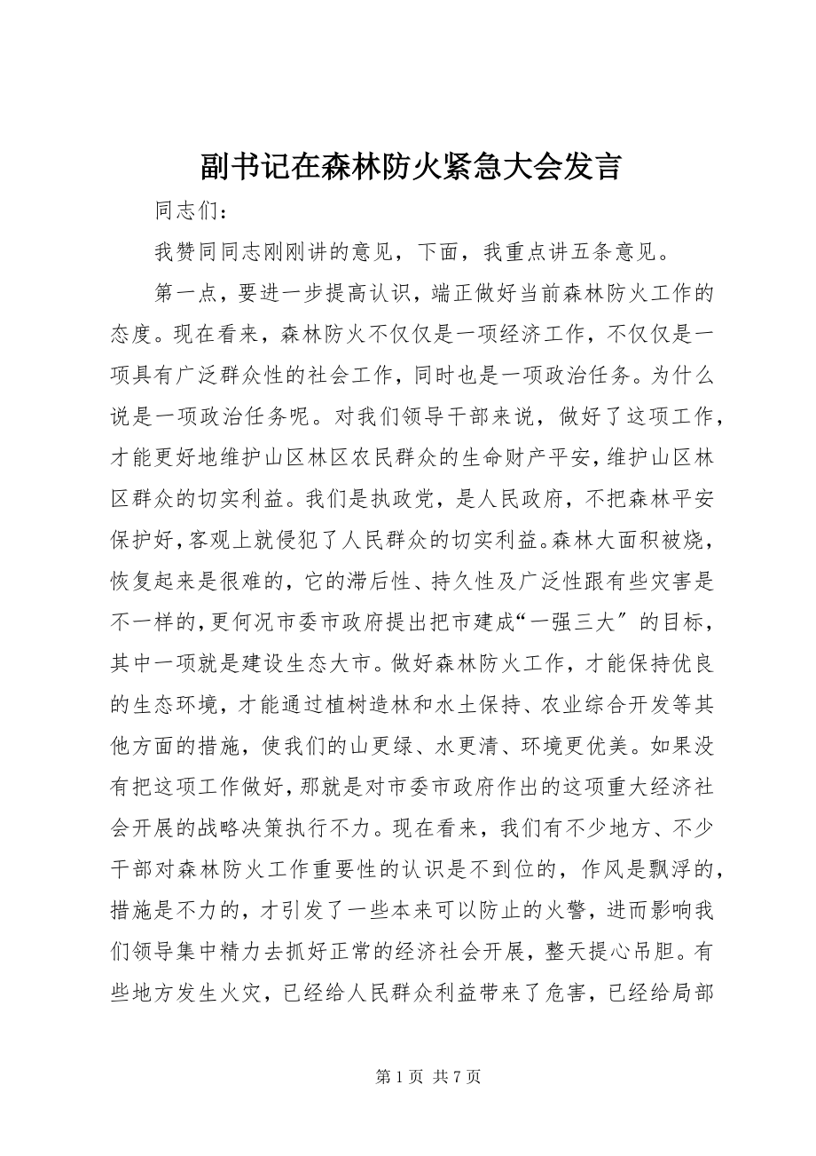 2023年副书记在森林防火紧急大会讲话.docx_第1页