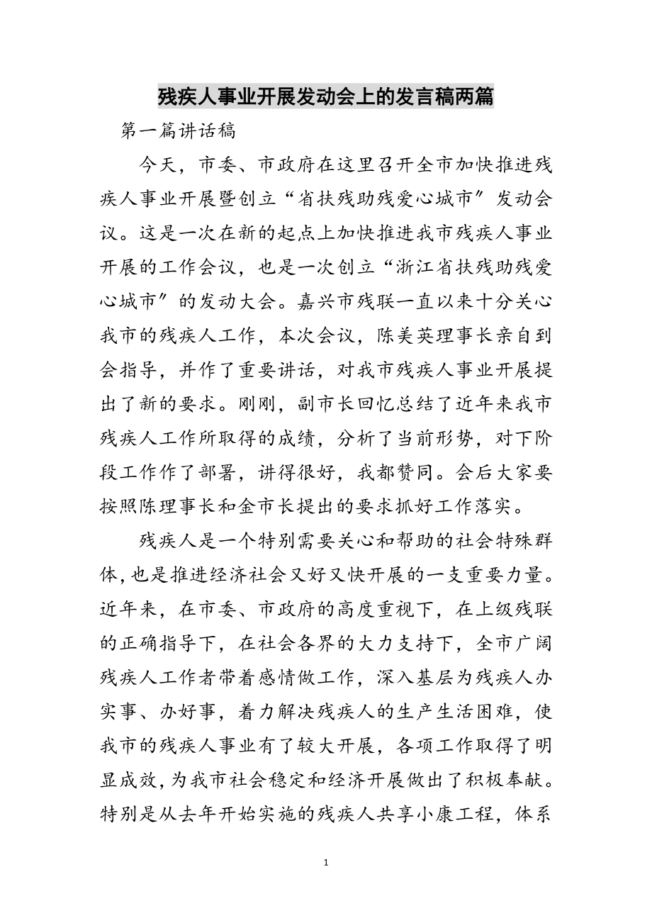 2023年残疾人事业发展动员会上的发言稿两篇范文.doc_第1页