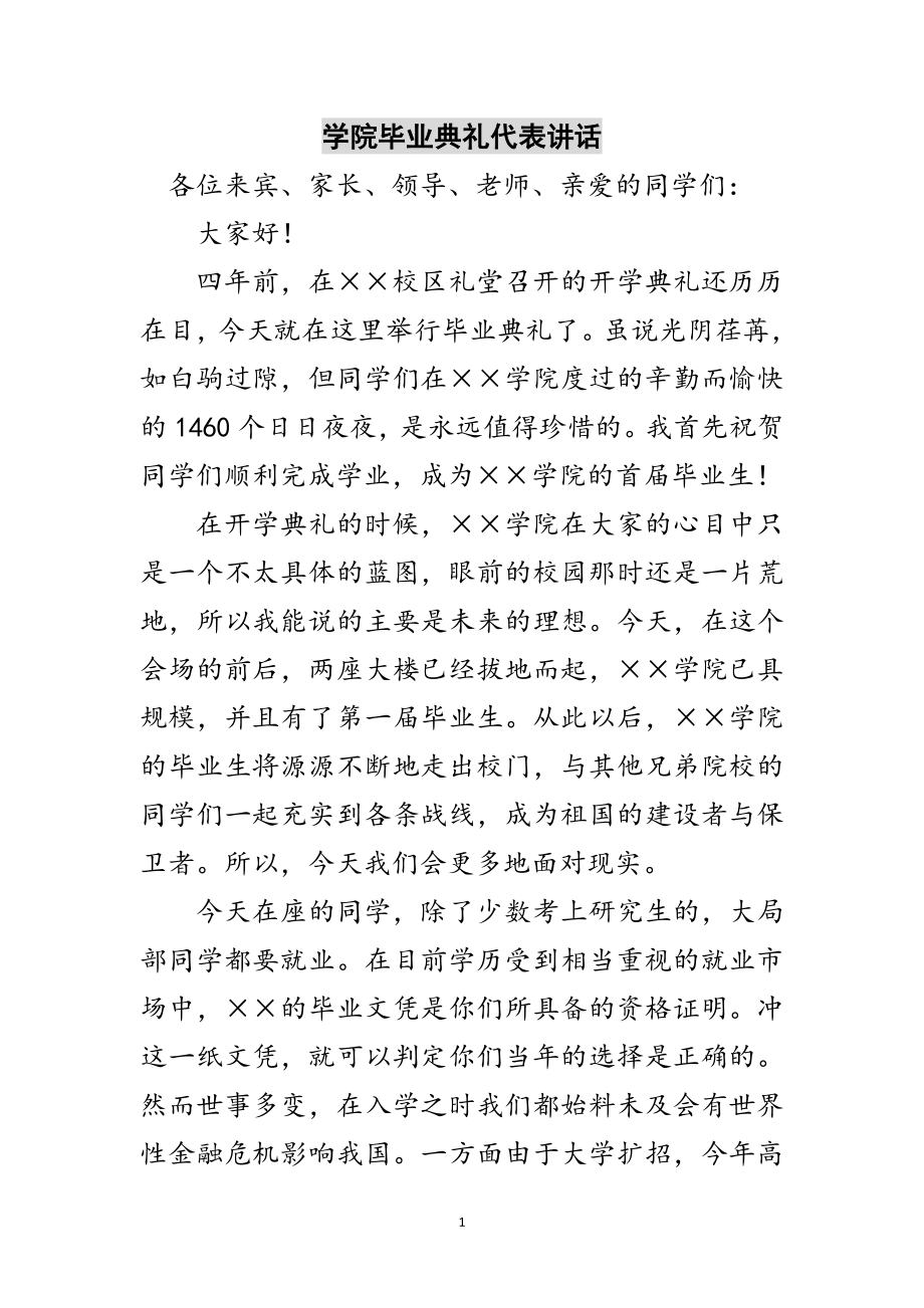 2023年学院毕业典礼代表讲话范文.doc_第1页