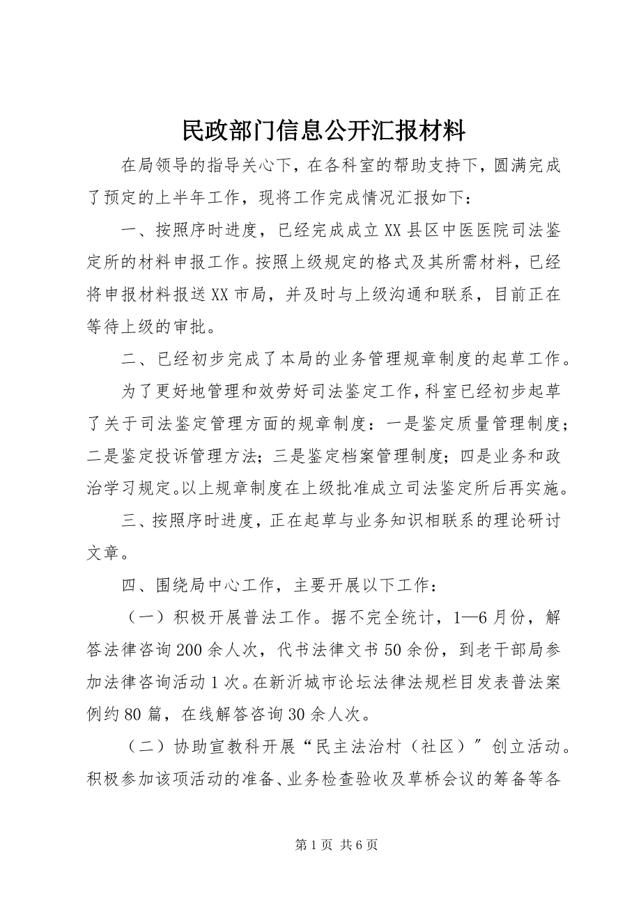 2023年民政部门信息公开汇报材料.docx_第1页