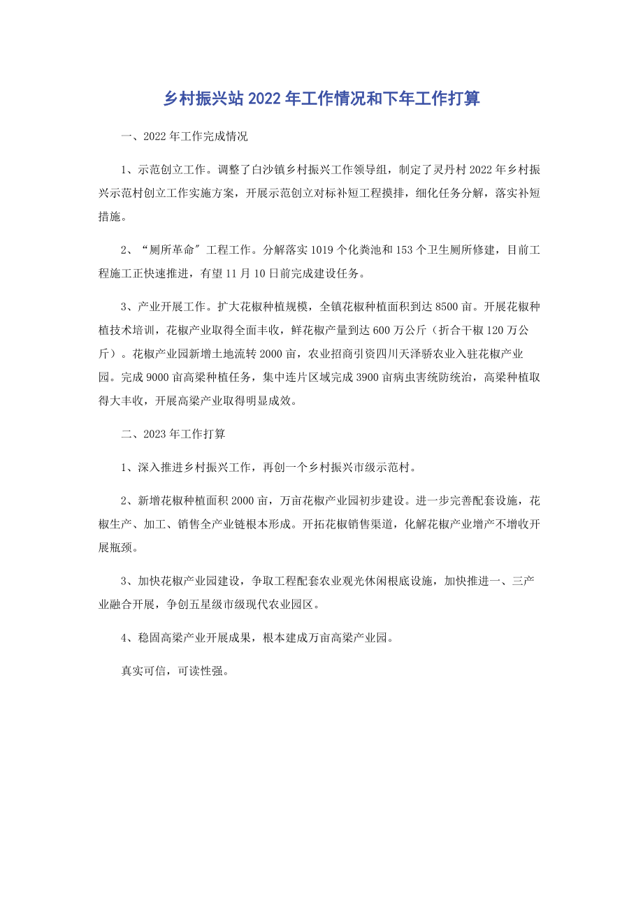 2023年乡村振兴站工作情况和下年工作打算.docx_第1页