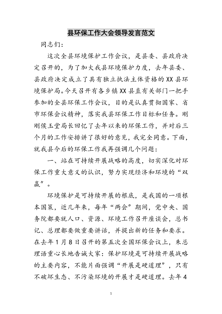 2023年县环保工作大会领导发言范文范文.doc_第1页