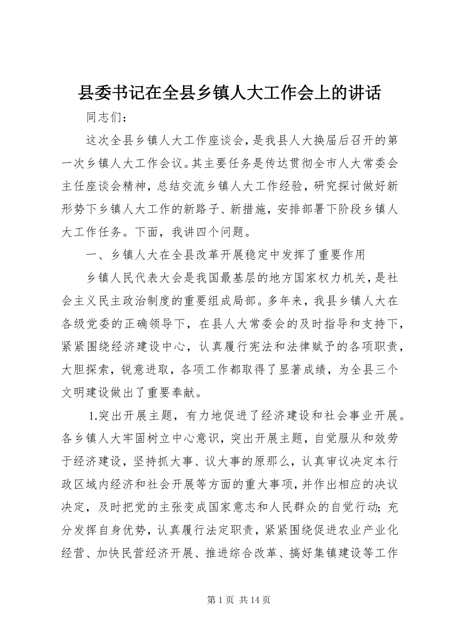 2023年县委书记在全县乡镇人大工作会上的致辞.docx_第1页